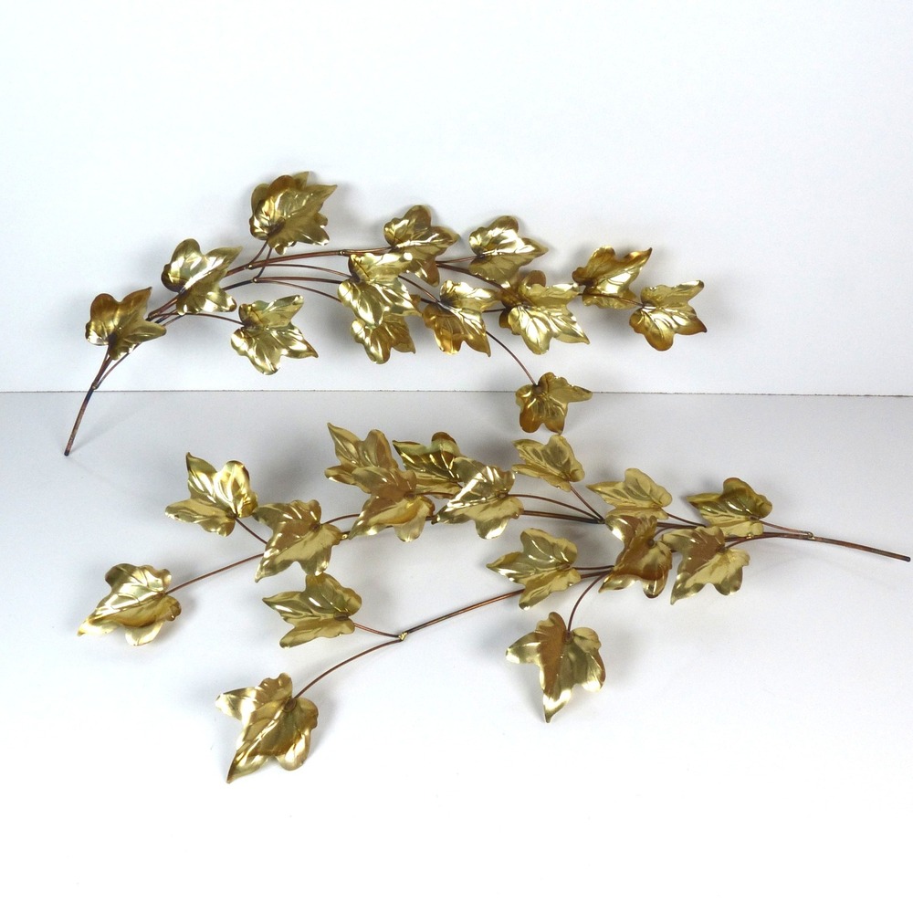 Home Interiors Vintage Ivy Leaf Branch Brass Gold Toned Metal Wall Decor 2 Piece